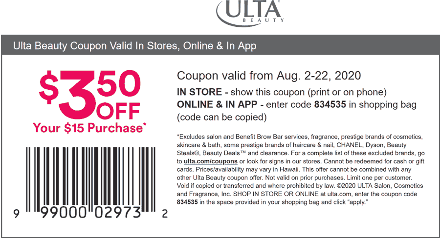 Ulta Beauty stores Coupon  $3.50 off $15 at Ulta Beauty, or online via promo code 834535 #ultabeauty 