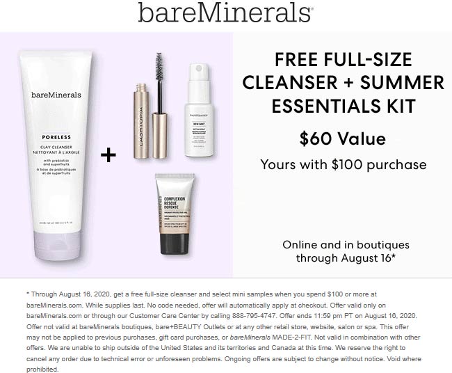 bareMinerals stores Coupon  Free full-size cleanser 4pc kit with $100 spent at bareMinerals, ditto online #bareminerals 