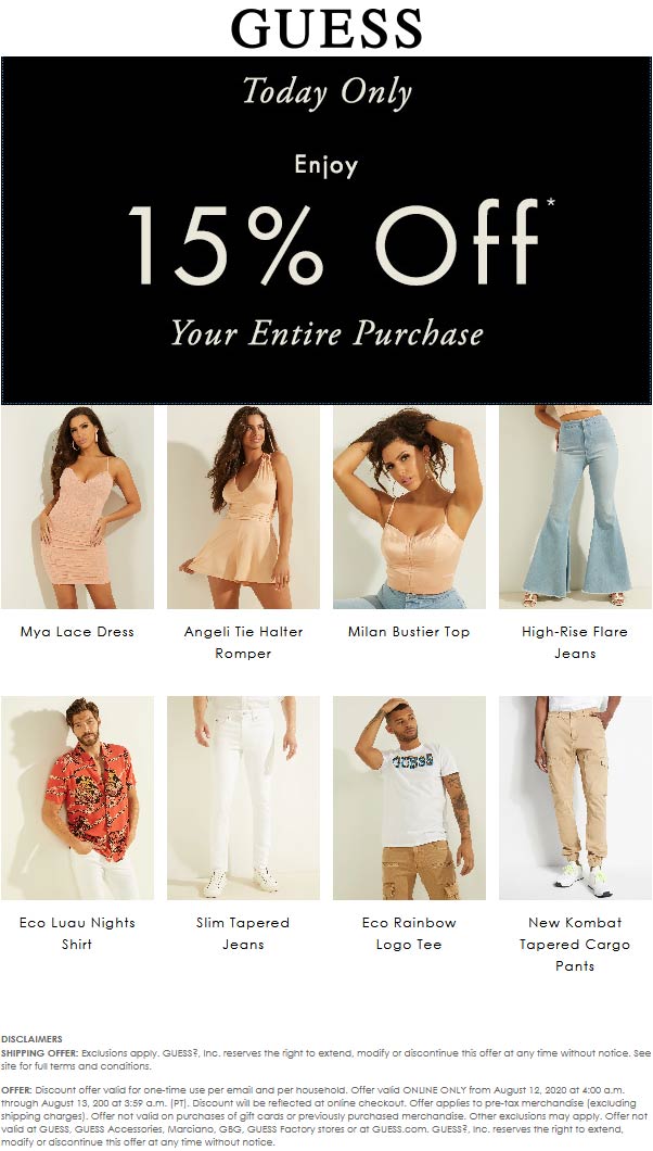 GUESS stores Coupon  15% off today at GUESS #guess 