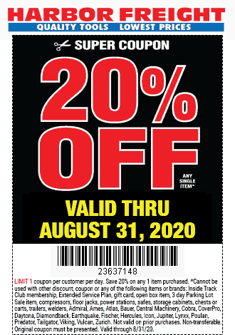 Harbor Freight stores Coupon  20% off a single item at Harbor Freight Tools #harborfreight 