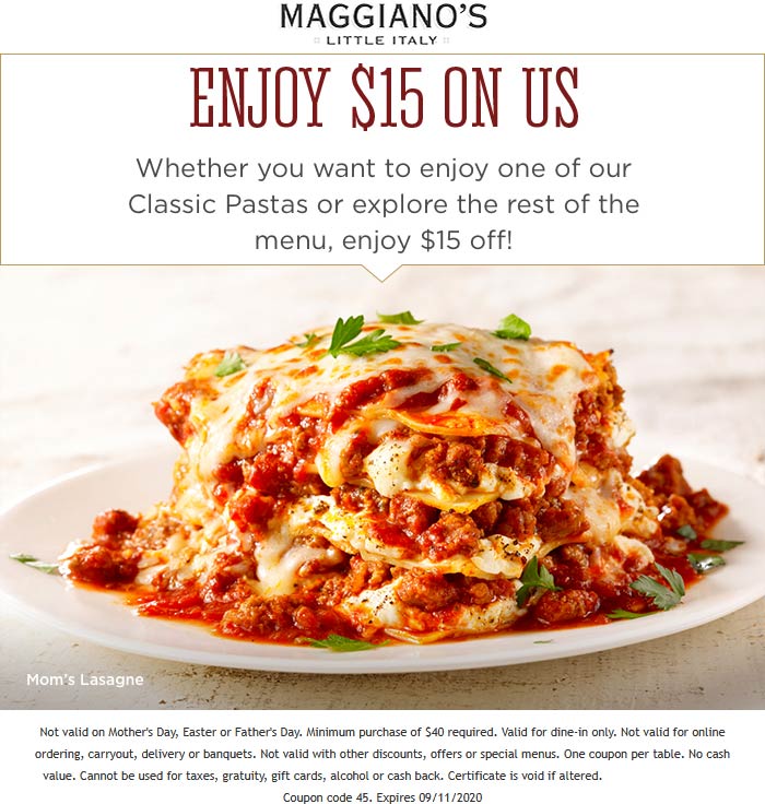 Maggianos Little Italy restaurants Coupon  $15 off $40 at Maggianos Little Italy restaurants #maggianoslittleitaly 