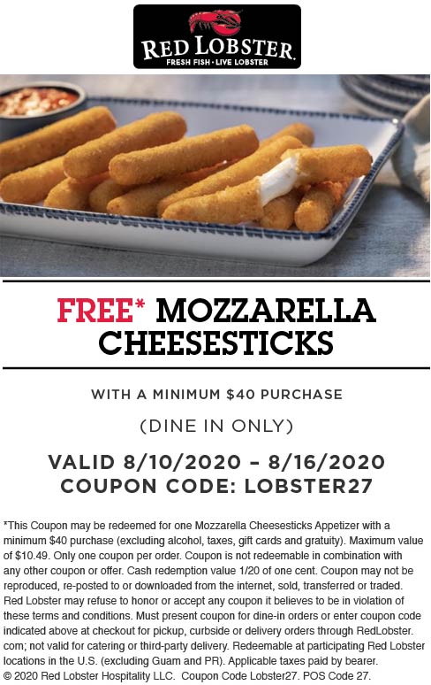 Red Lobster restaurants Coupon  Free mozzarella cheesesticks with $40 spent at Red Lobster restaurants #redlobster 