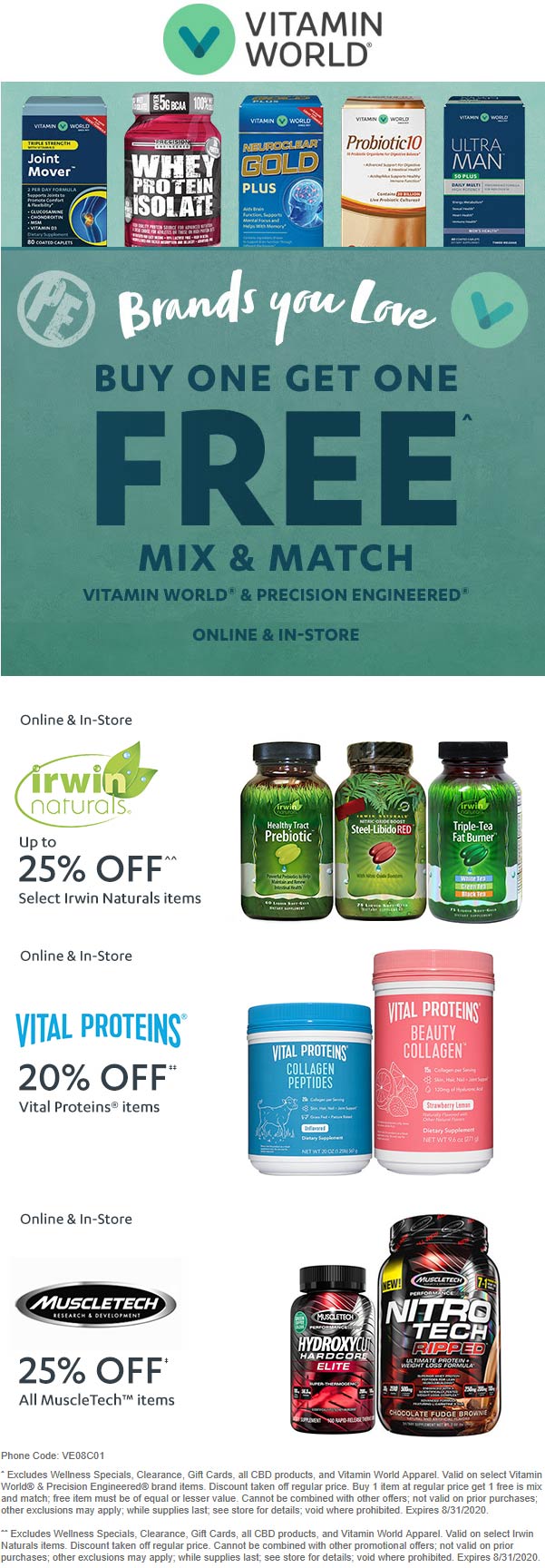 Vitamin World stores Coupon  Second store brand supplement or precision engineered free at Vitamin World, or online via promo code VE08C01 #vitaminworld 