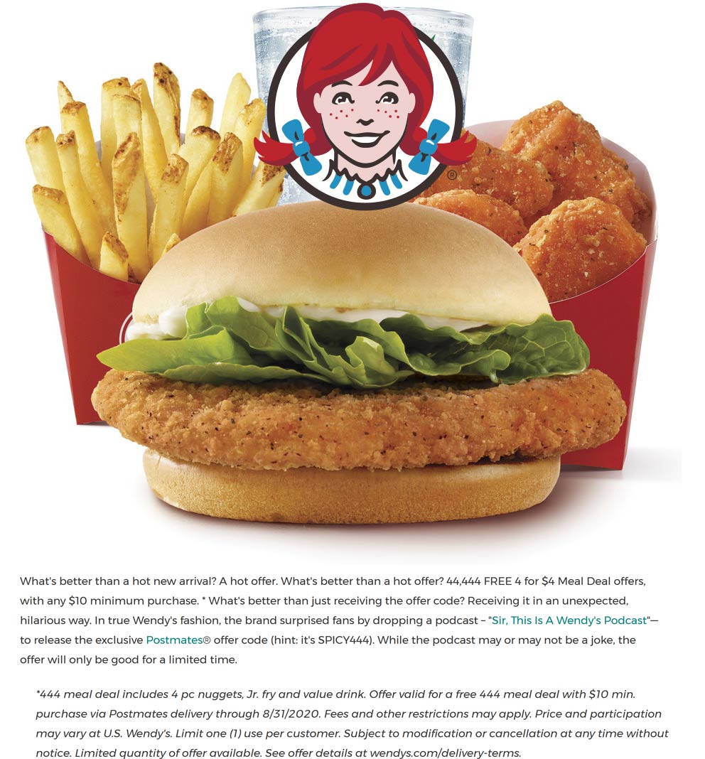 Wendys restaurants Coupon  Free 444 meal deal with $10 in delivery at Wendys via promo code SPICY444 #wendys 