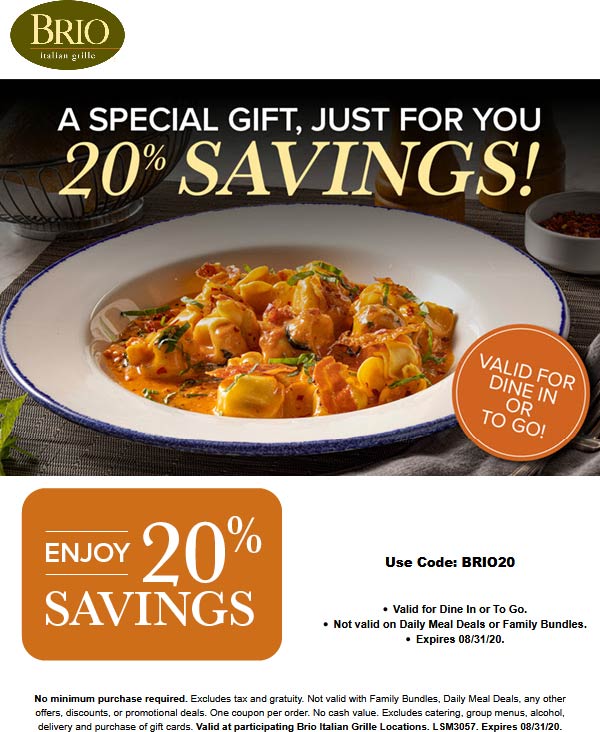 20% off at Brio Italian Grille via promo code BRIO20 #brio | The ...