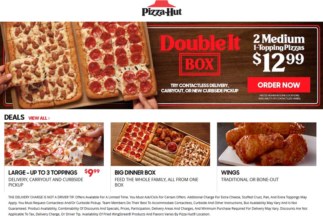 [August, 2022] 2 medium 1topping pizzas = 13 at Pizza Hut pizzahut