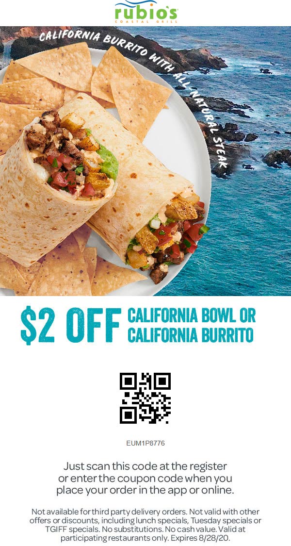 Rubios stores Coupon  $2 off California bowl or burrito at Rubios Coastal Grill #rubios 