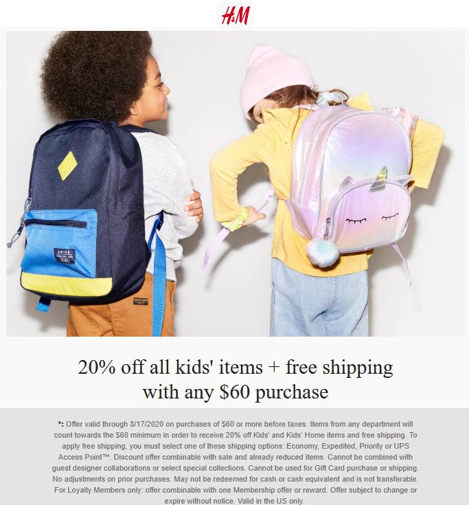 H&M stores Coupon  20% off $60 on kids at H&M #hm 