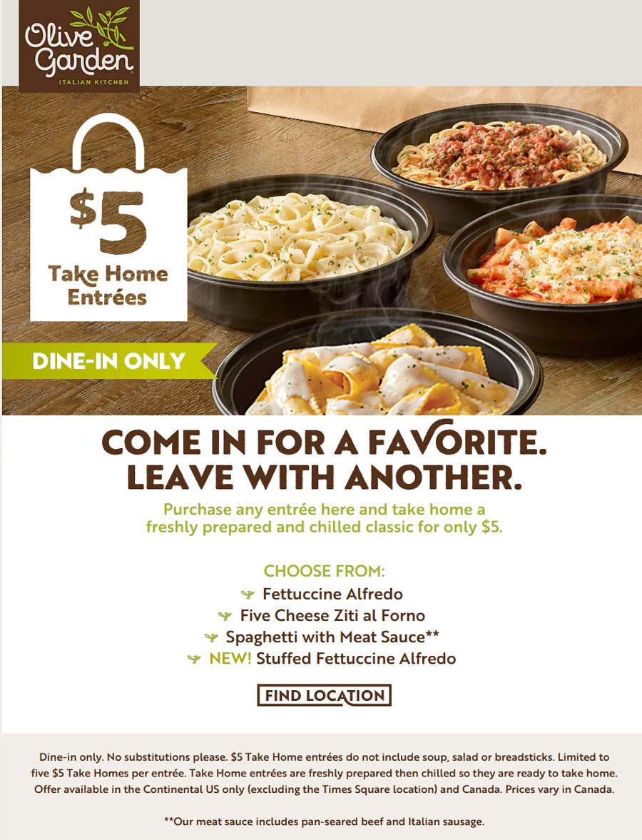 Olive Garden restaurants Coupon  $5 take home entrees dining-in at Olive Garden #olivegarden 
