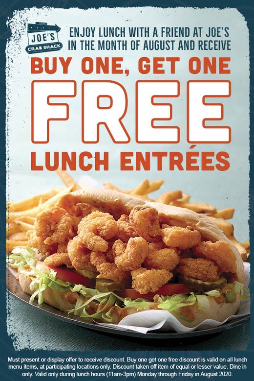 Joes Crab Shack restaurants Coupon  Second lunch free weekdays at Joes Crab Shack #joescrabshack 