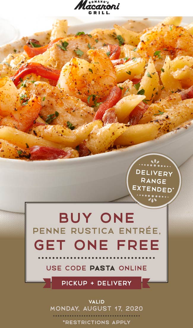 Macaroni Grill restaurants Coupon  Second penne rustica entree free today at Macaroni Grill via promo code PASTA #macaronigrill 