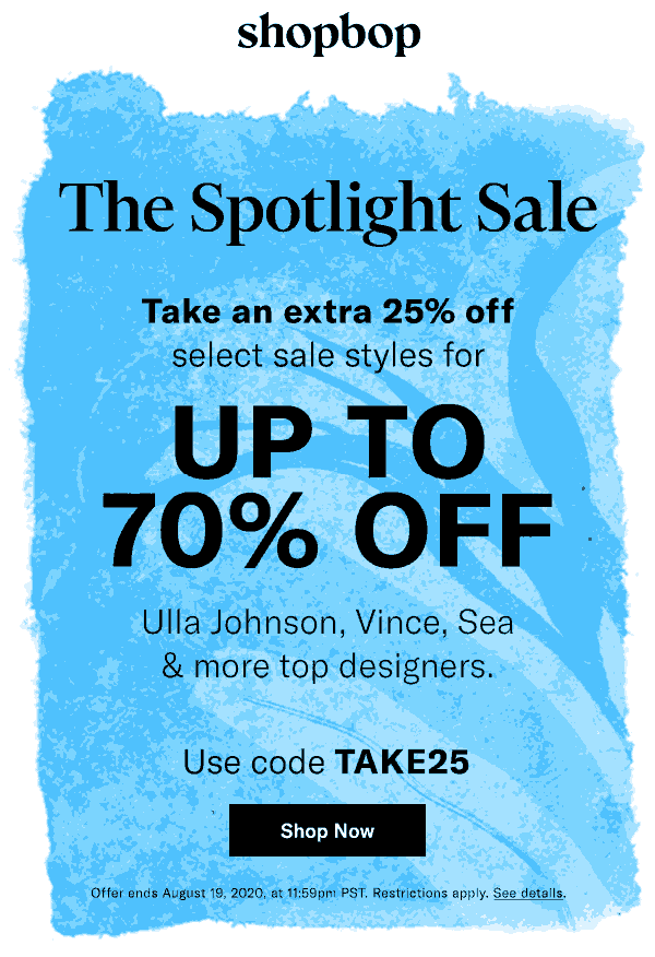 Extra 25 off sale items at Shopbop via promo code TAKE25 shopbop