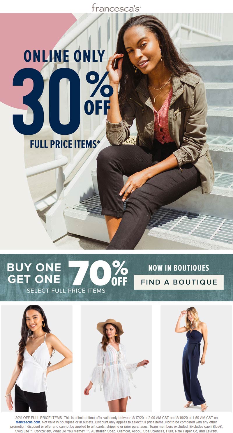 Francescas stores Coupon  Second item 70% off today at Francescas, or 30% off all full price online #francescas 