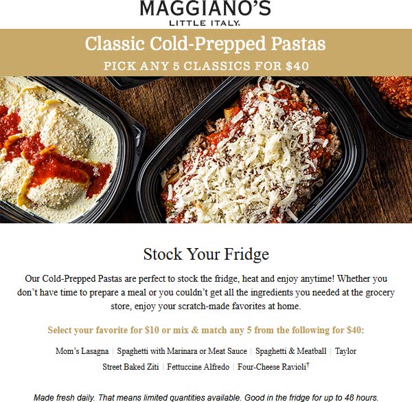 Maggianos Little Italy restaurants Coupon  5 pasta entrees for $40 at Maggianos Little Italy restaurants #maggianoslittleitaly 