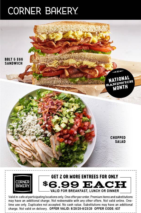  April 2021 7 Entrees At Corner Bakery Cafe cornerbakery Coupon 
