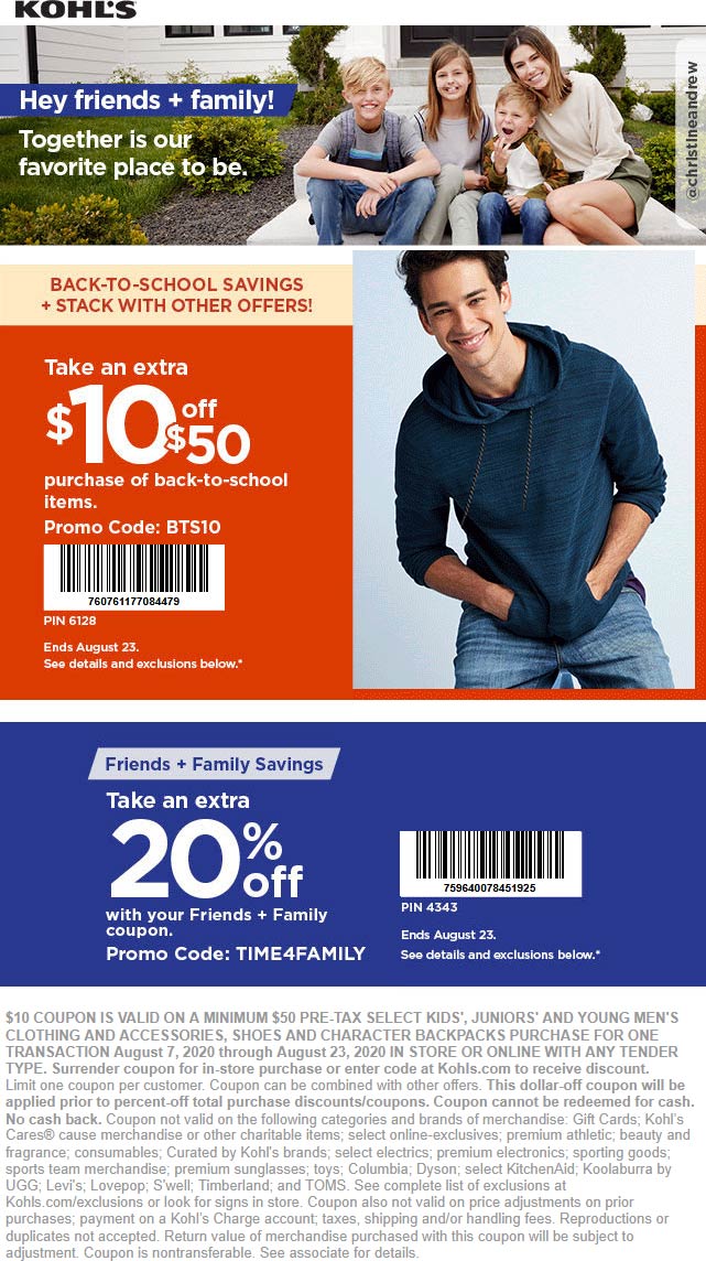 Extra 20 off at Kohls, or online via promo code TIME4FAMILY kohls