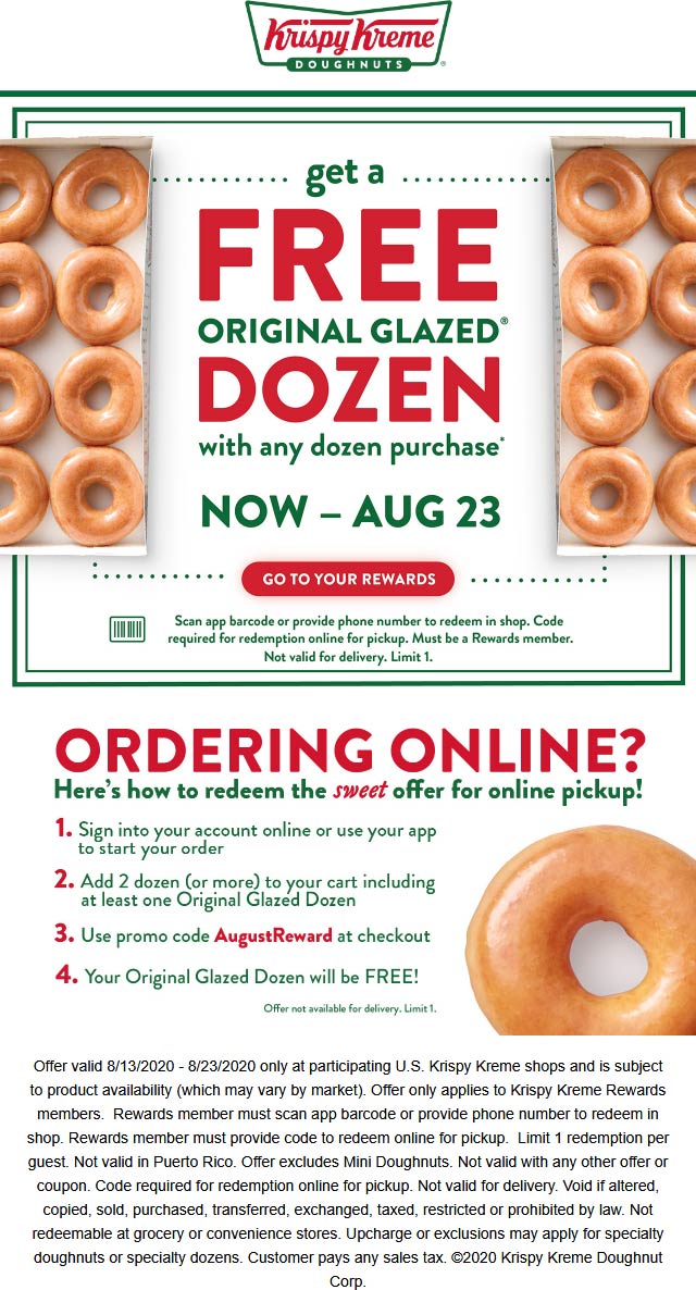 Second dozen doughnuts free for rewards members at Krispy Kreme donuts