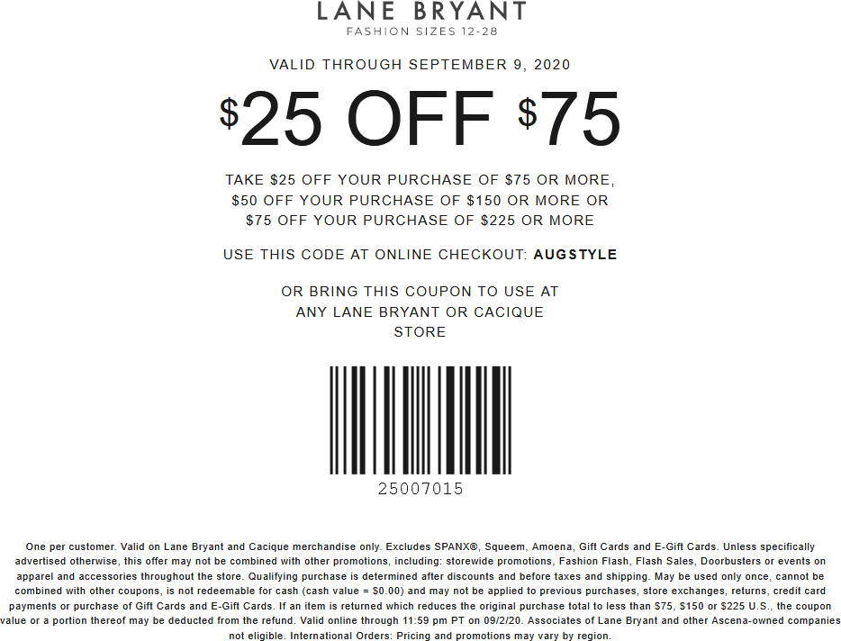 Lane Bryant stores Coupon  $25 off $75 at Lane Bryant & Cacique, or online via promo code AUGSTYLE #lanebryant 