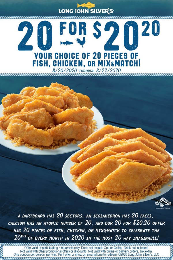 Long John Silvers restaurants Coupon  20pc for $20 fish or chicken mix & match at Long John Silvers #longjohnsilvers 