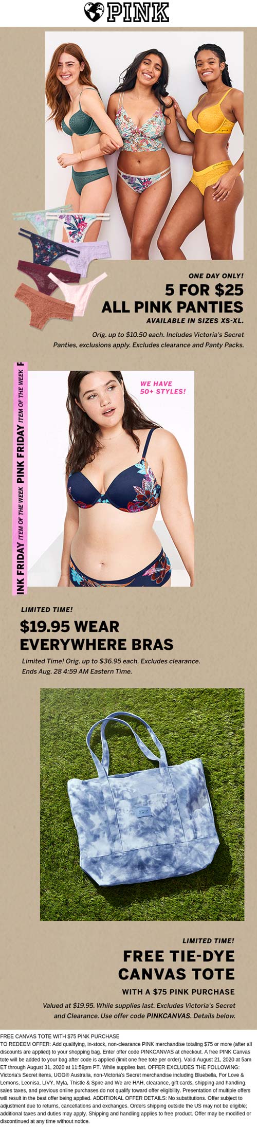 PINK stores Coupon  Free canvas tote on $75 & 5 for $25 panties today at Victorias Secret PINK #pink 