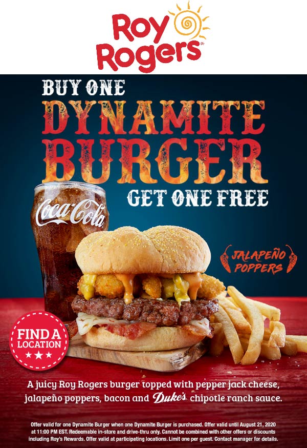Roy Rogers stores Coupon  Second jalapeno popper dynamite cheeseburger free today at Roy Rogers #royrogers 