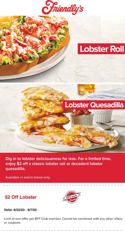 Friendlys restaurants Coupon  $2 off lobster at Friendlys restaurants #friendlys 