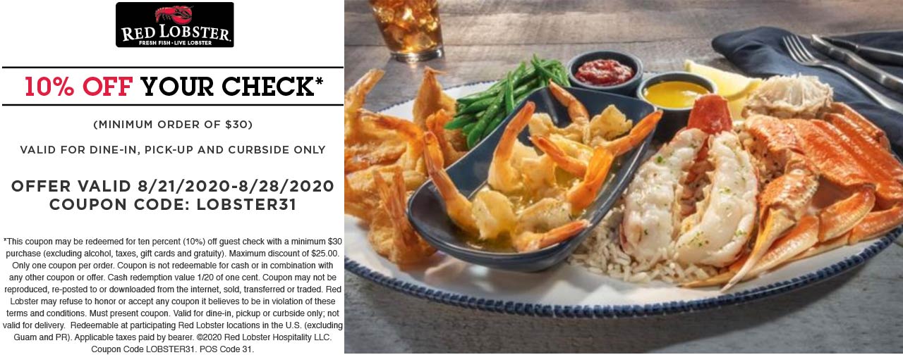 Red Lobster restaurants Coupon  10% off at Red Lobster restaurants via promo code LOBSTER31 #redlobster 