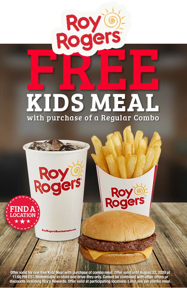 Roy Rogers restaurants Coupon  Free kids meal with your combo today at Roy Rogers #royrogers 