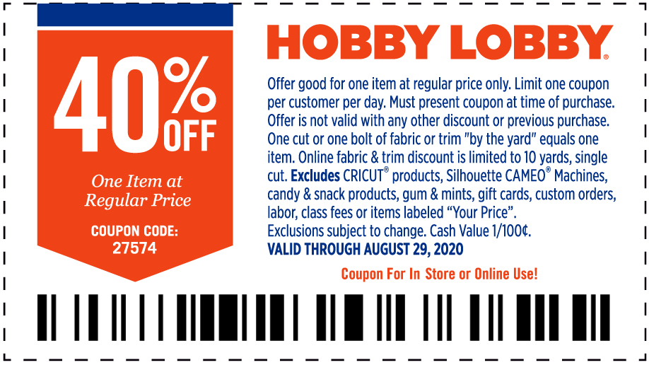 Hobby Lobby stores Coupon  40% off a single item at Hobby Lobby, or online via promo code 27574 #hobbylobby 