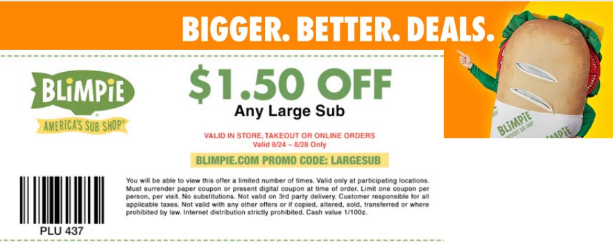 Blimpies restaurants Coupon  $1.50 off a large sub sandwich at Blimpies via promo code LARGESUB #blimpies 