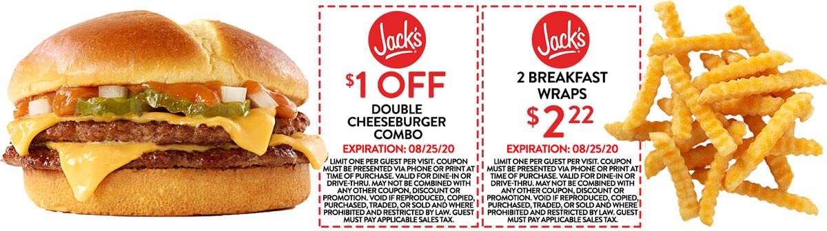 Jacks restaurants Coupon  $1 off double cheeseburger meal & more at Jacks #jacks 