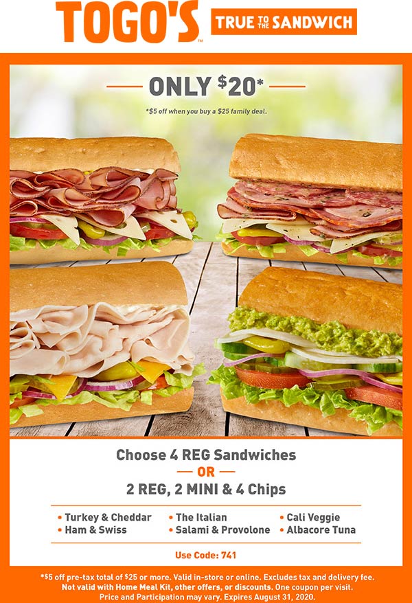 Togos restaurants Coupon  4 sub sandwiches for $20 at Togos restaurants #togos 