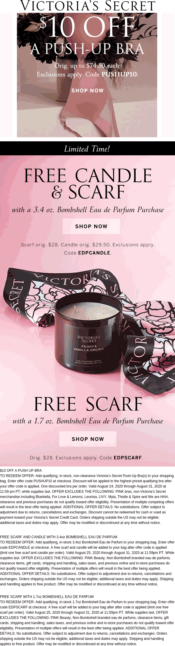 Victorias Secret stores Coupon  $10 off pushup bra & free candle + scarf with Bombshell at Victorias Secret via promo code PUSHUP10 or EDPCANDLE #victoriassecret 