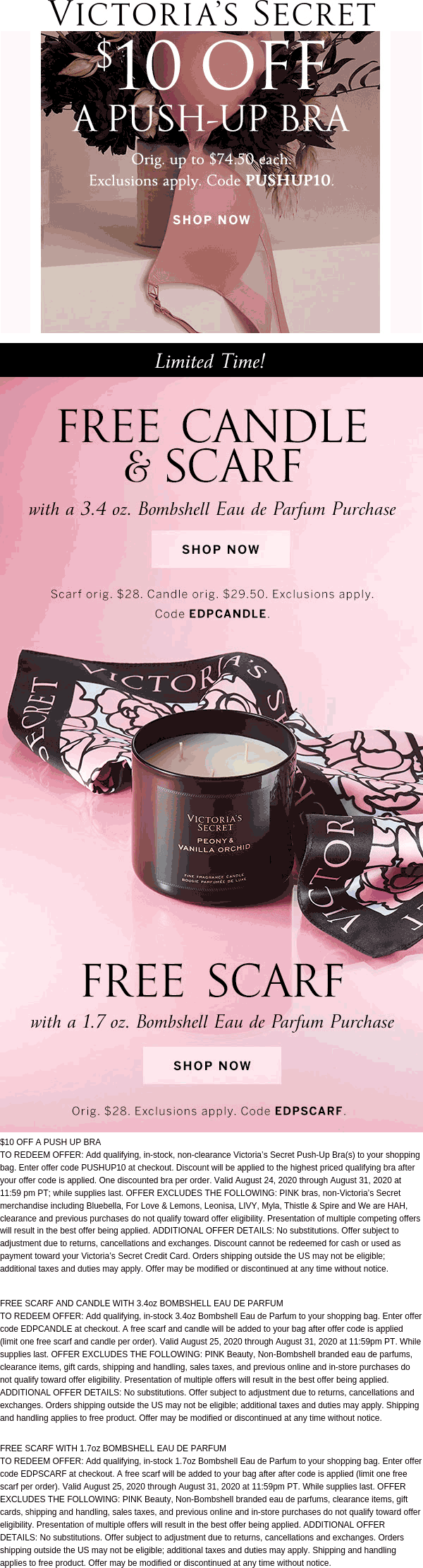 10 off pushup bra & free candle + scarf with Bombshell at Victorias