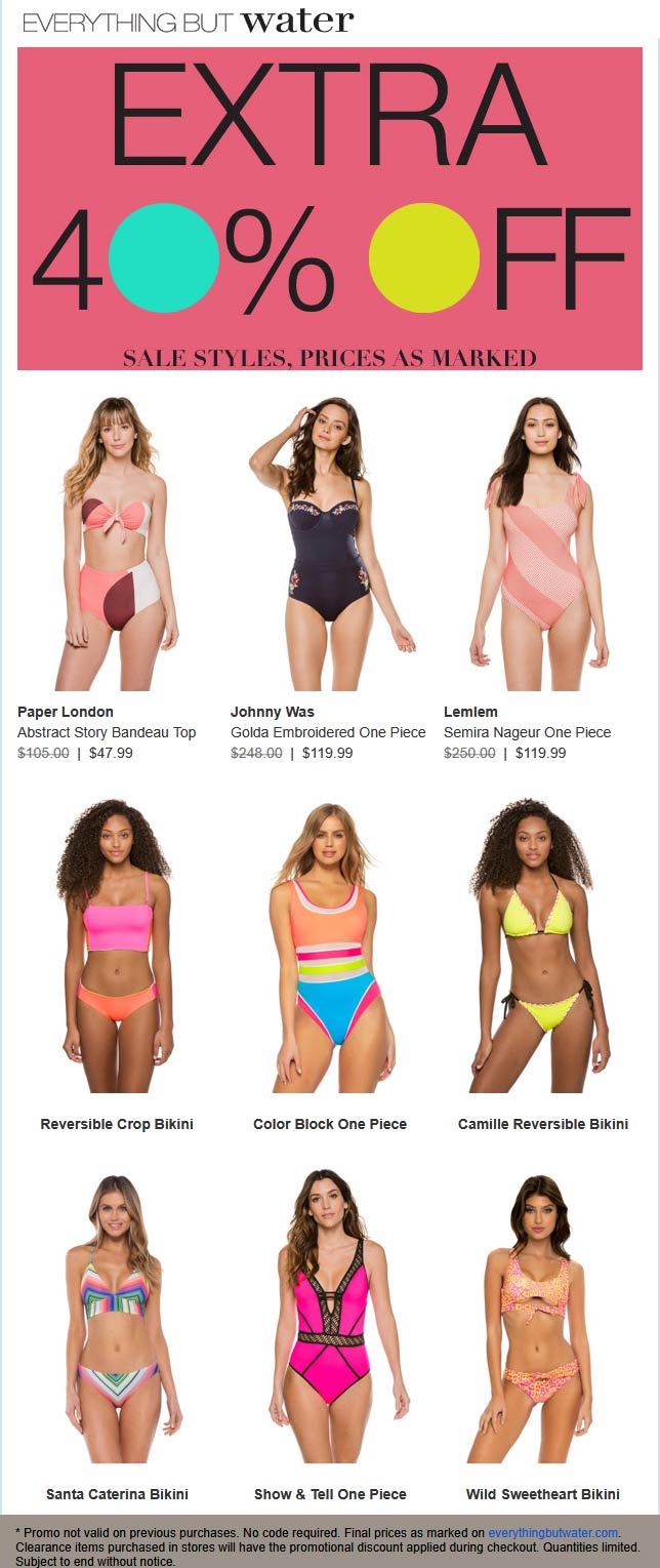 Everything But Water stores Coupon  Extra 40% off sale swimwear at Everything But Water #everythingbutwater 