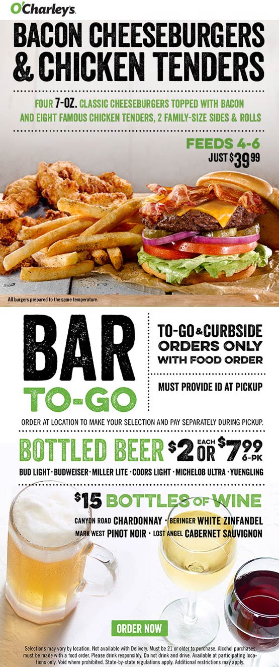 OCharleys restaurants Coupon  4 bacon cheeseburgers + 8pc chicken tenders + 2 family sides + rolls = $40 at OCharleys #ocharleys 