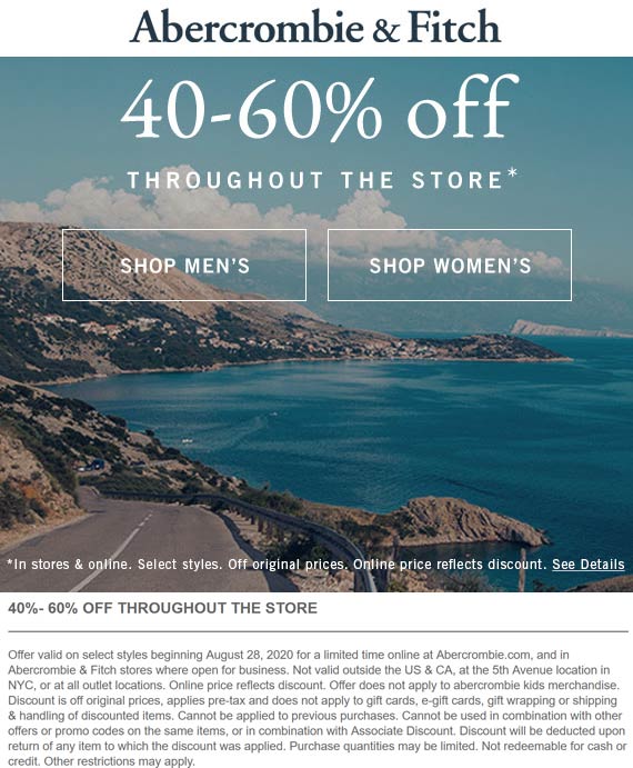 Abercrombie & Fitch stores Coupon  40-60% off at Abercrombie & Fitch, ditto online #abercrombiefitch 