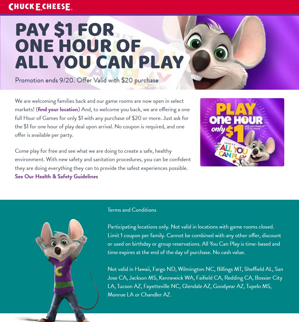 Chuck E. Cheese restaurants Coupon  $1 for unlimited game play with $20 spent at Chuck E. Cheese pizza #chuckecheese 