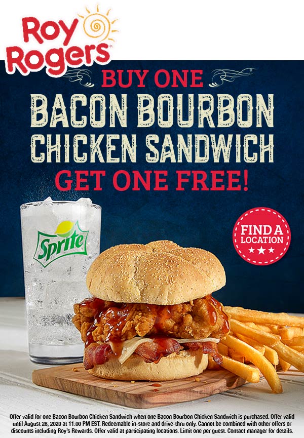 Roy Rogers restaurants Coupon  Second bacon bourbon chicken sandwich free today at Roy Rogers #royrogers 