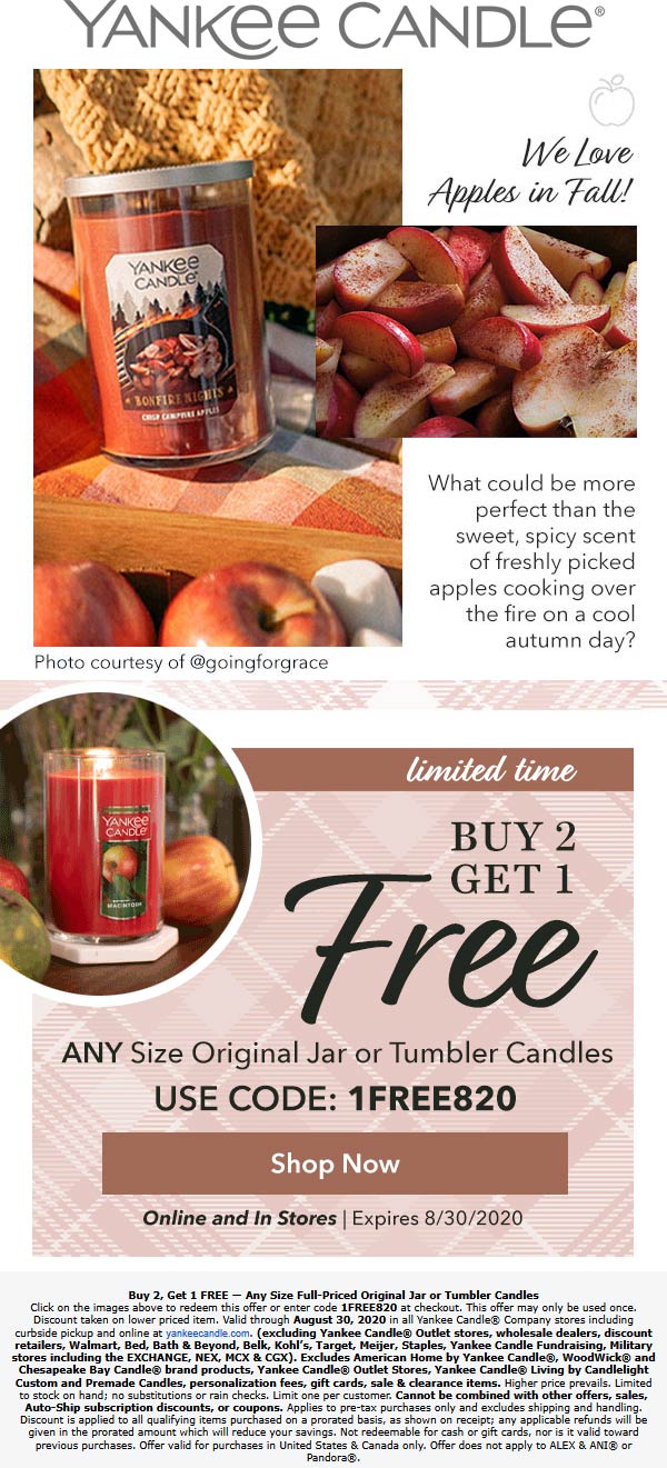 Yankee Candle stores Coupon  3rd candle free at Yankee Candle, or online via promo code 1FREE820 #yankeecandle 