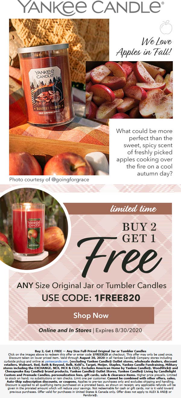 3rd candle free at Yankee Candle, or online via promo code 1FREE820 