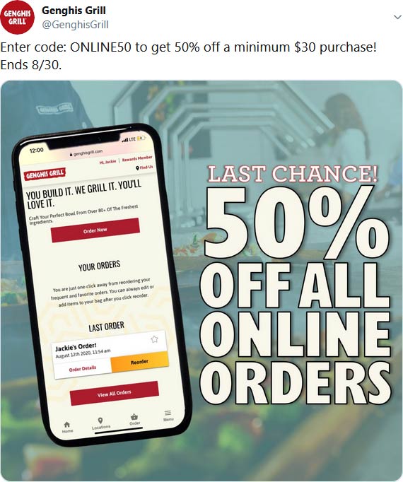 Genghis Grill restaurants Coupon  50% off online at Genghis Grill via promo code ONLINE50 #genghisgrill 