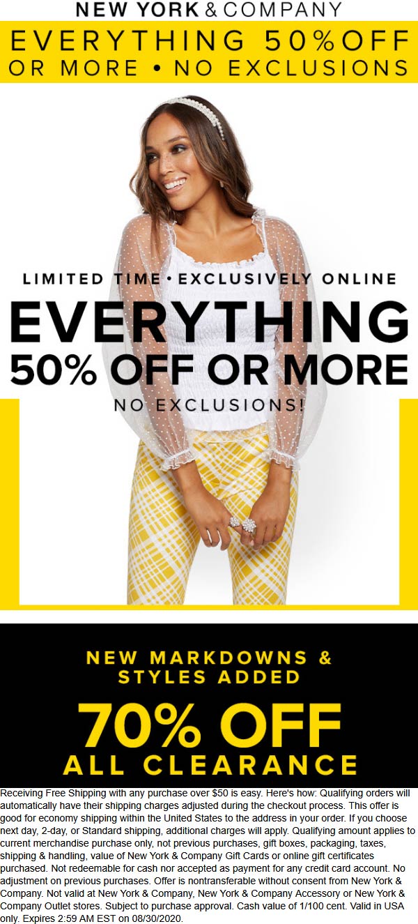New York & Company stores Coupon  Everything is 50% off & more online today at New York & Company #newyorkcompany 