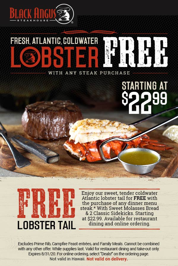 Black Angus restaurants Coupon  Free lobster tail with any steak at Black Angus steakhouse #blackangus 