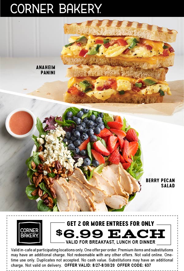 Corner Bakery restaurants Coupon  $7 entrees today at Corner Bakery Cafe #cornerbakery 