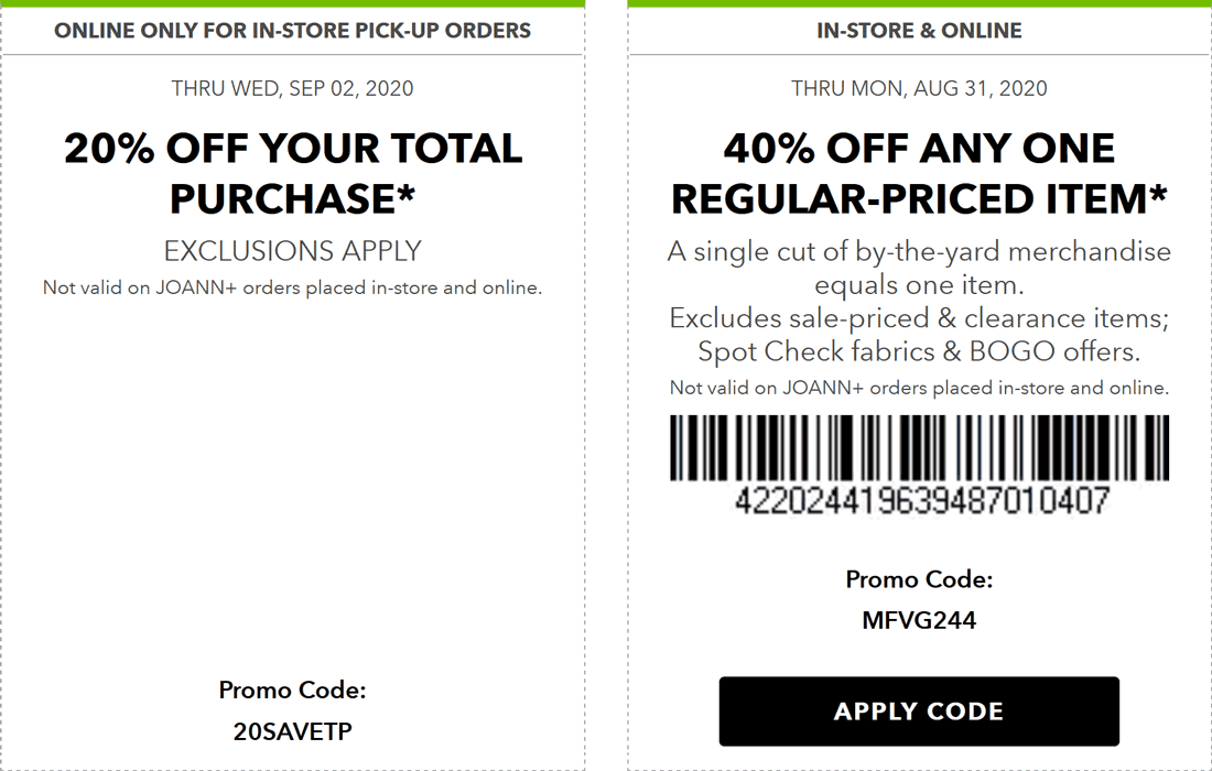 Joann stores Coupon  40% off a single item at Joann, or online via promo code MFVG244 or 20SAVETP #joann 