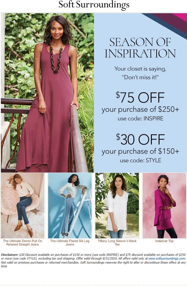 Soft Surroundings stores Coupon  $30 off $150 & more at Soft Surroundings via promo code STYLE or INSPIRE #softsurroundings 