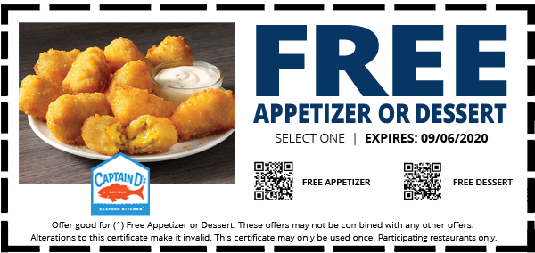 Captain Ds restaurants Coupon  Free appetizer or dessert at Captain Ds #captainds 