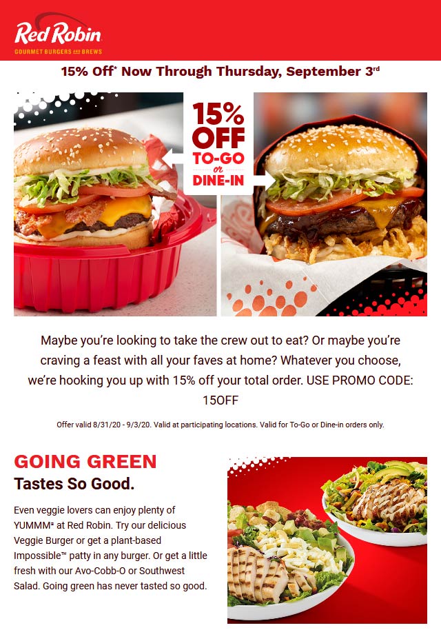 15 Off At Red Robin Restaurants Via Promo Code 15OFF redrobin The