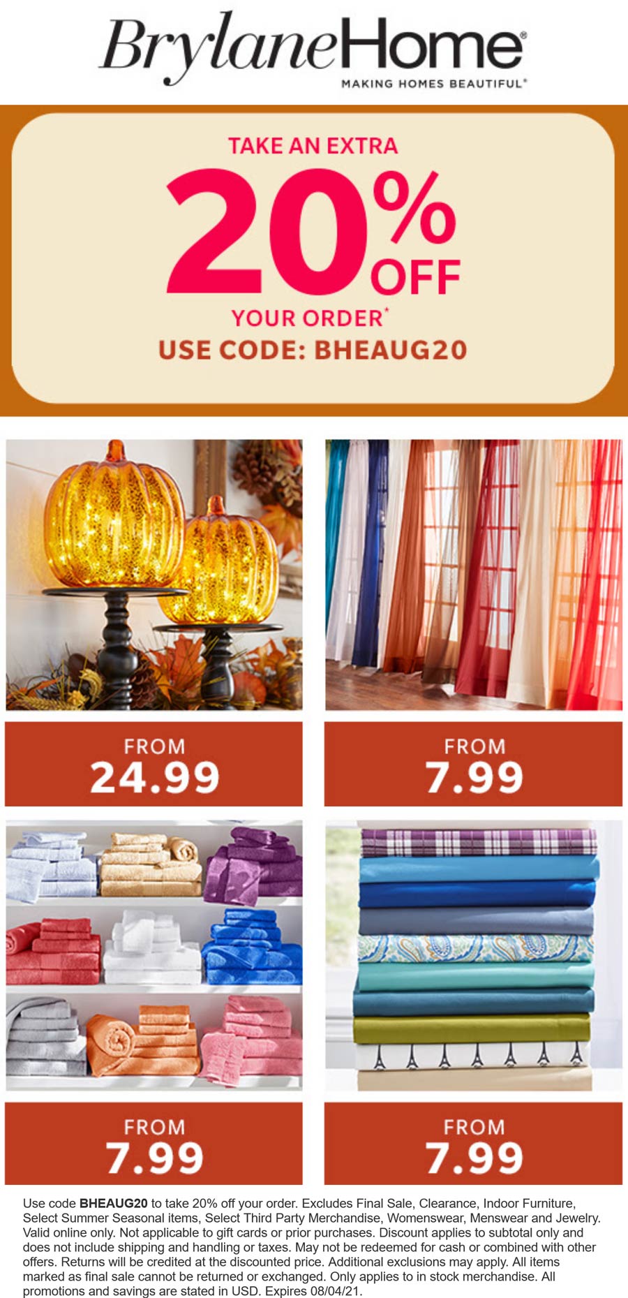 Extra 20 off at Brylane Home via promo code BHEAUG20 brylanehome